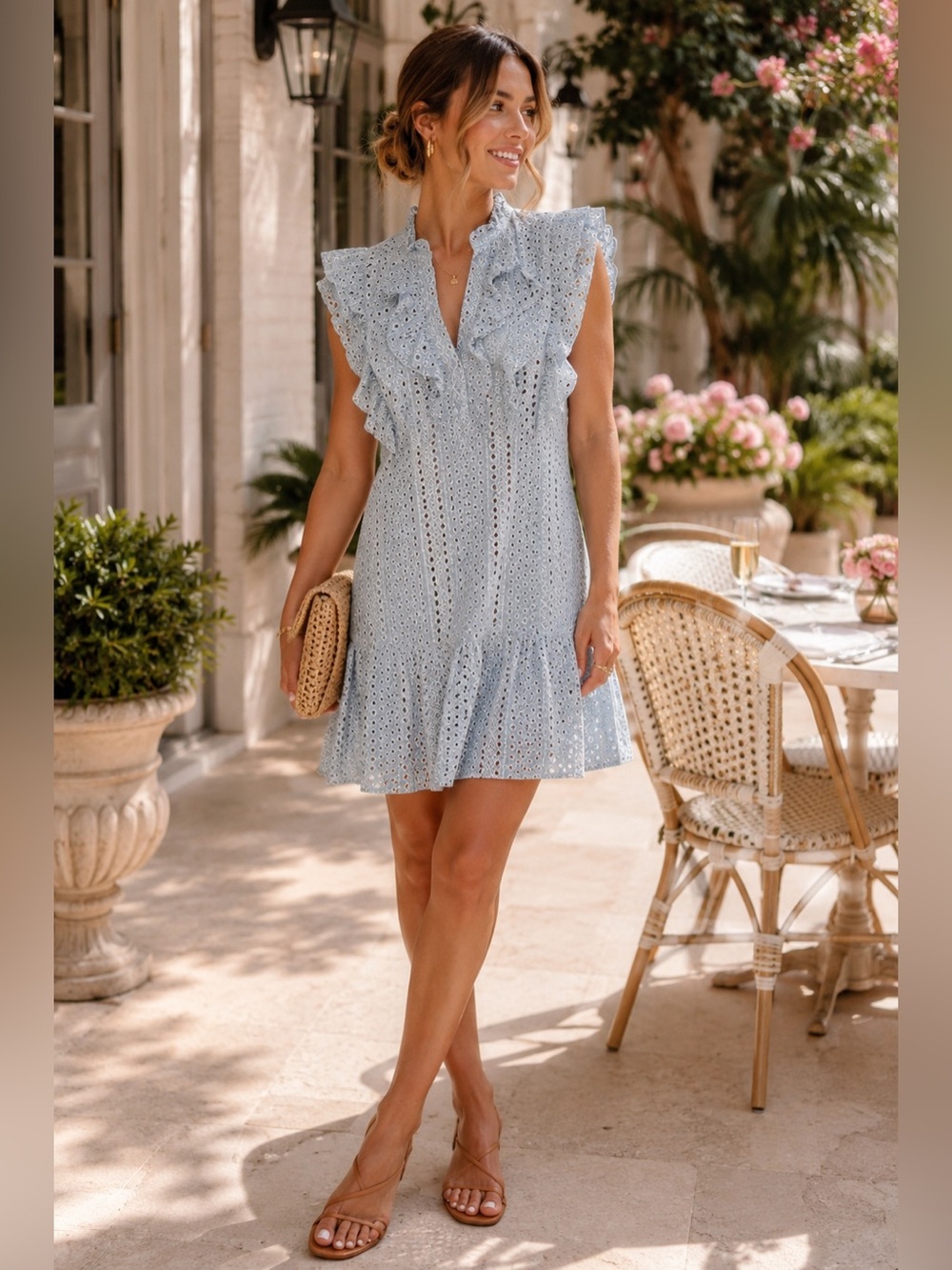 BCBGMAXAZRIA Flounce Eyelet Mini Dress | Chambray Blue | Size Small